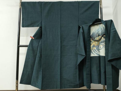 平和屋着物●男性　紬　アンサンブル　色無地　褐返色　羽裏：富士山・鷹　正絹　逸品　CABE2747yc