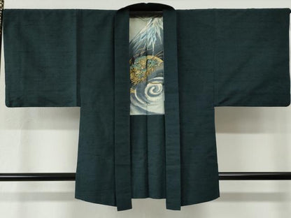 平和屋着物●男性　紬　アンサンブル　色無地　褐返色　羽裏：富士山・鷹　正絹　逸品　CABE2747yc