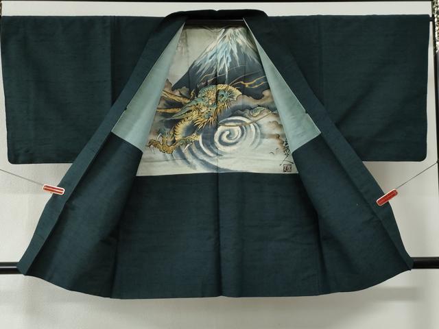 平和屋着物●男性　紬　アンサンブル　色無地　褐返色　羽裏：富士山・鷹　正絹　逸品　CABE2747yc