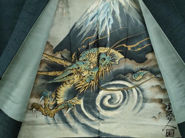 平和屋着物●男性　紬　アンサンブル　色無地　褐返色　羽裏：富士山・鷹　正絹　逸品　CABE2747yc