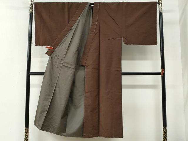 平和屋着物●男性　紬　アンサンブル・長襦袢セット　色無地　焦茶色　羽裏：龍　キングサイズ　正絹　逸品　未使用　CABE2749yc