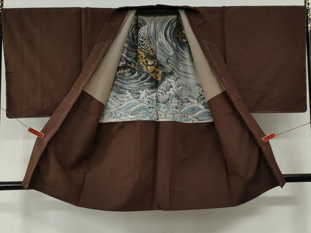 平和屋着物●男性　紬　アンサンブル・長襦袢セット　色無地　焦茶色　羽裏：龍　キングサイズ　正絹　逸品　未使用　CABE2749yc