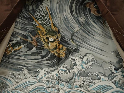 平和屋着物●男性　紬　アンサンブル・長襦袢セット　色無地　焦茶色　羽裏：龍　キングサイズ　正絹　逸品　未使用　CABE2749yc
