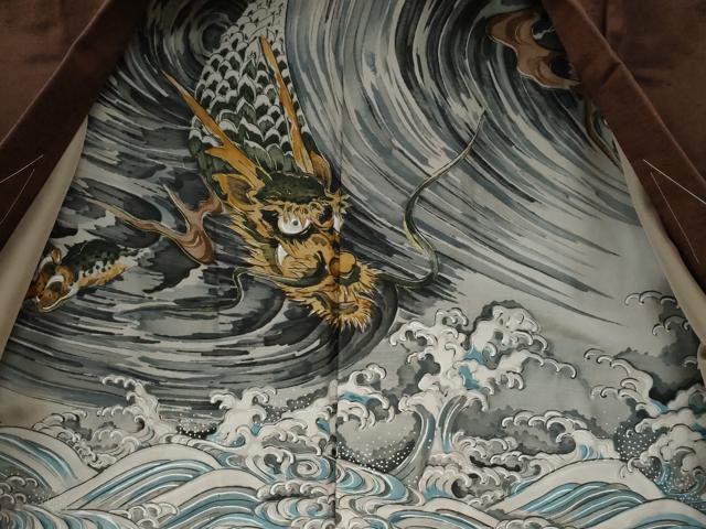 平和屋着物●男性　紬　アンサンブル・長襦袢セット　色無地　焦茶色　羽裏：龍　キングサイズ　正絹　逸品　未使用　CABE2749yc