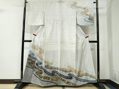 平和屋着物●訪問着　総絞り　駒刺繍　流水更紗草花文　暈し染め　金彩　正絹　逸品　未使用　CABE2761yc