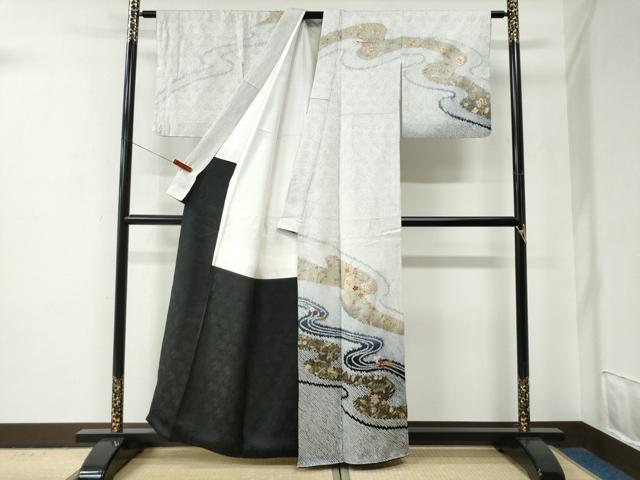 平和屋着物●訪問着　総絞り　駒刺繍　流水更紗草花文　暈し染め　金彩　正絹　逸品　未使用　CABE2761yc