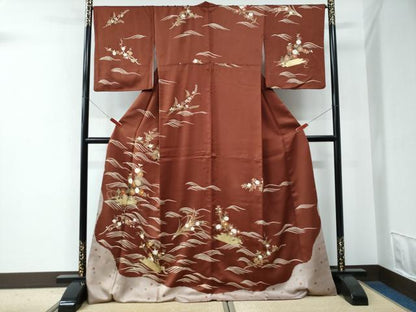 平和屋着物●訪問着　駒刺繍　花筏文　金彩　ロング丈　正絹　逸品　CABE2786yc