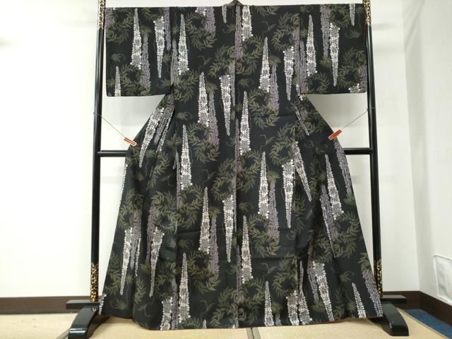 平和屋着物●小紋　藤　黒地　洗える着物　CABE2790yc