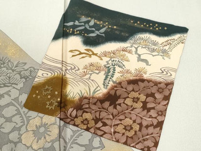 平和屋着物●訪問着　竹屋町刺繍　色紙浜松草花文　金彩　正絹　逸品　CABE2792yc
