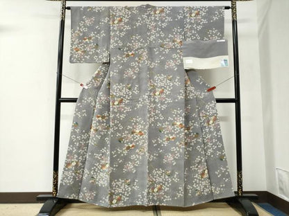 平和屋着物●上質な小紋　地紙陶器枝桜文　鬼しぼ縮緬　反端付き　正絹　逸品　未使用　CABE2799yc