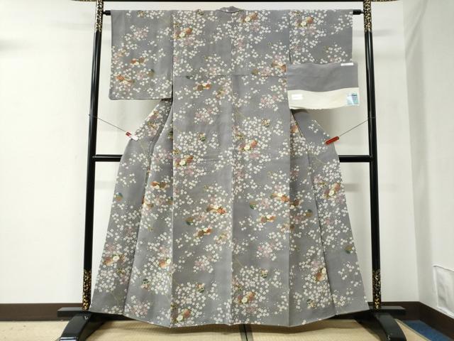 平和屋着物●上質な小紋　地紙陶器枝桜文　鬼しぼ縮緬　反端付き　正絹　逸品　未使用　CABE2799yc
