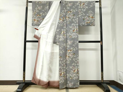 平和屋着物●上質な小紋　地紙陶器枝桜文　鬼しぼ縮緬　反端付き　正絹　逸品　未使用　CABE2799yc