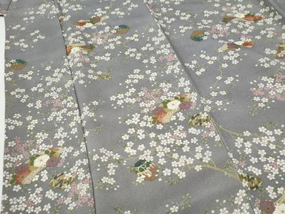 平和屋着物●上質な小紋　地紙陶器枝桜文　鬼しぼ縮緬　反端付き　正絹　逸品　未使用　CABE2799yc