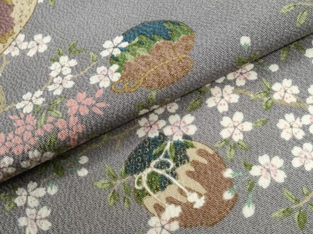 平和屋着物●上質な小紋　地紙陶器枝桜文　鬼しぼ縮緬　反端付き　正絹　逸品　未使用　CABE2799yc