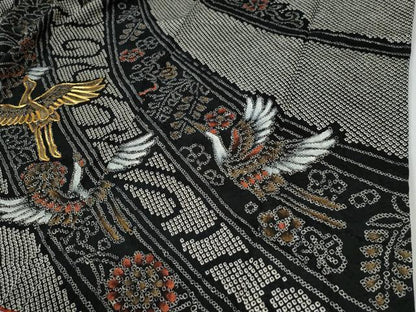 平和屋着物●豪華振袖　総絞り　駒刺繍　飛鶴牡丹花唐草文　黒地　正絹　逸品　CABE2800yc