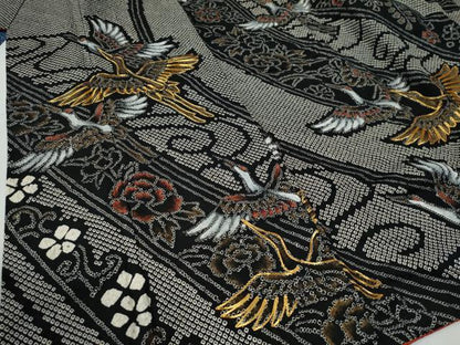 平和屋着物●豪華振袖　総絞り　駒刺繍　飛鶴牡丹花唐草文　黒地　正絹　逸品　CABE2800yc