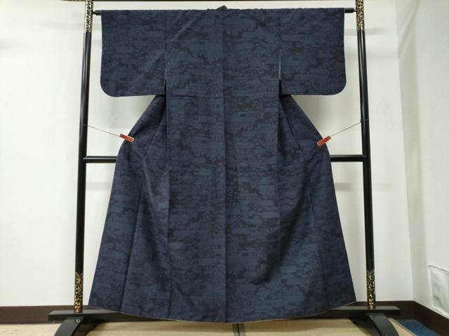 平和屋着物●結城紬　80亀甲　飛び亀甲柄　霞風景文　正絹　逸品　CABE2801yc