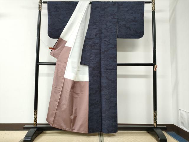 平和屋着物●結城紬　80亀甲　飛び亀甲柄　霞風景文　正絹　逸品　CABE2801yc