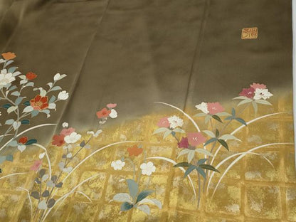 平和屋着物●金彩友禅作家　金彩の魔術師　堀省平　金煌織　訪問着　草花文　暈し染め　金彩　正絹　逸品　CABE2807yc