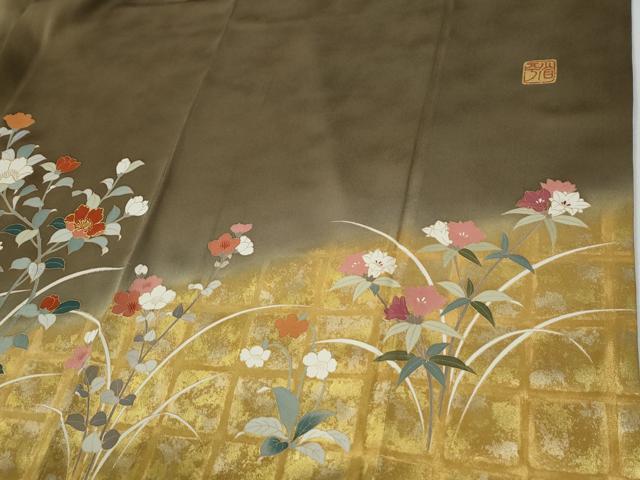 平和屋着物●金彩友禅作家　金彩の魔術師　堀省平　金煌織　訪問着　草花文　暈し染め　金彩　正絹　逸品　CABE2807yc