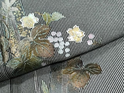 平和屋着物●訪問着　江戸小紋　螺鈿　万筋　黒色×白鼠色　葡萄蔦の葉花文　金銀彩　正絹　逸品　CABE2808yc