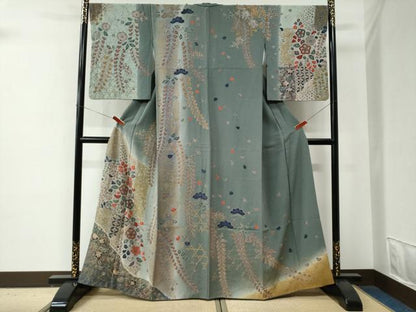 平和屋着物●訪問着　絞り　草花文　暈し染め　金彩　正絹　逸品　CABE2812yc