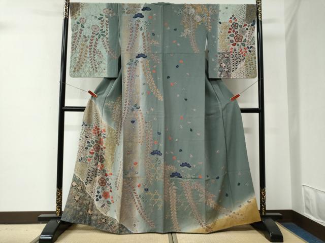 平和屋着物●訪問着　絞り　草花文　暈し染め　金彩　正絹　逸品　CABE2812yc