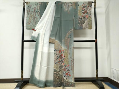 平和屋着物●訪問着　絞り　草花文　暈し染め　金彩　正絹　逸品　CABE2812yc