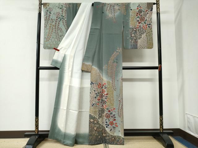 平和屋着物●訪問着　絞り　草花文　暈し染め　金彩　正絹　逸品　CABE2812yc
