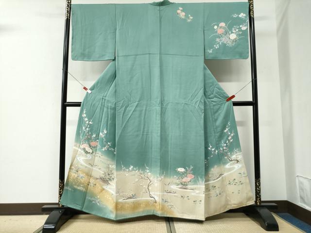 平和屋着物●訪問着　流水草花文　暈し染め　金彩　正絹　逸品　CABC2751vp 平和屋着物○訪問着 友禅 流水草花文 暈し染め 金彩 正絹 逸品