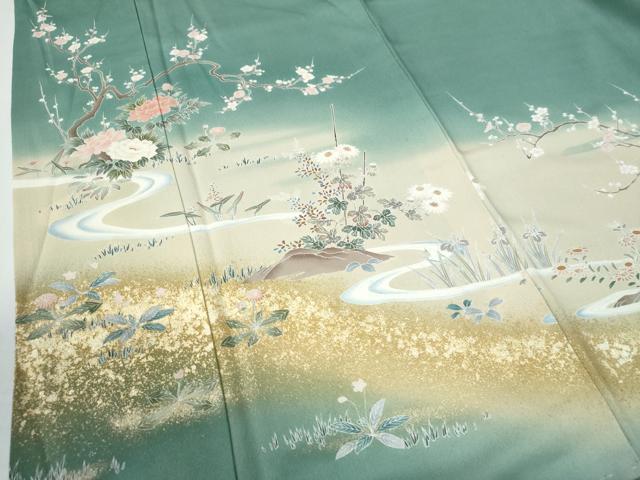 平和屋着物●訪問着　友禅　風景草花文　正絹　逸品　未使用　AABF8081ph 平和屋着物▽京加賀糸目友禅作家 山崎巌 訪問着 単衣 手描き 草花文