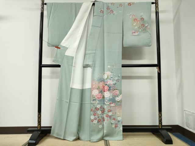 平和屋着物●訪問着　作家物　刺繍　鴛鴦草花文　暈し染め　金彩　正絹　逸品　CABE2820yc