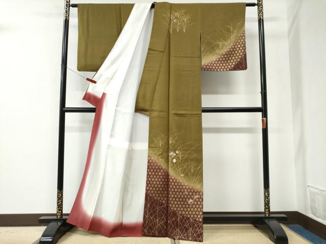 平和屋着物●訪問着　刺繍　松皮菱網目草花文　暈し染め　金彩　正絹　逸品　CABE2825yc