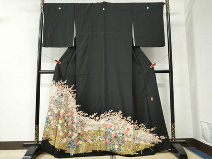 平和屋着物●豪華黒留袖　友禅　作家物　尾長鳥草花文　正絹　逸品　CABE2841yc