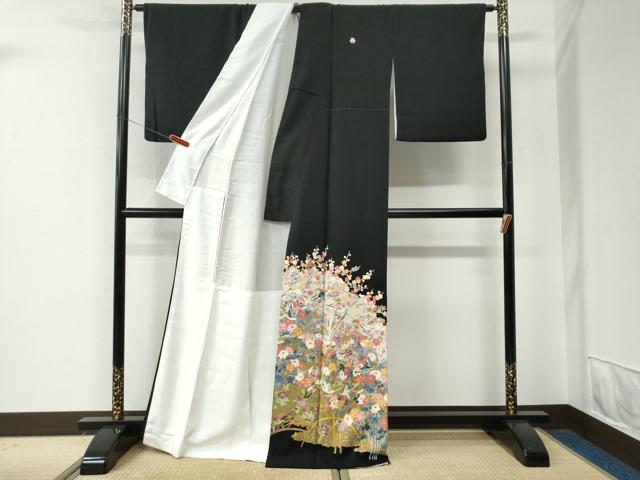 平和屋着物●豪華黒留袖　友禅　作家物　尾長鳥草花文　正絹　逸品　CABE2841yc