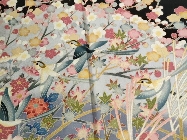 平和屋着物●豪華黒留袖　友禅　作家物　尾長鳥草花文　正絹　逸品　CABE2841yc