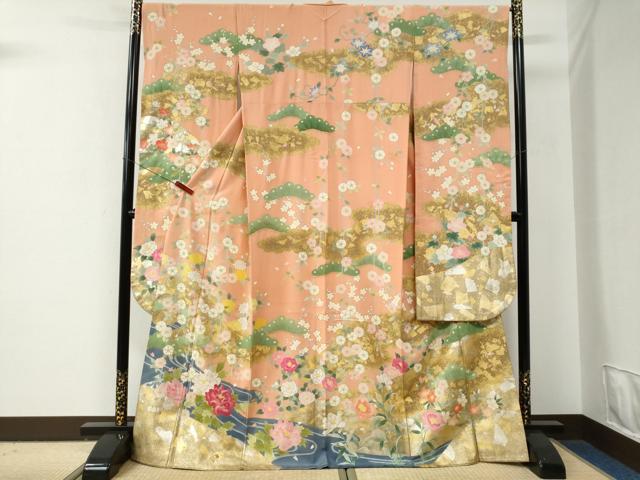 平和屋着物●豪華振袖　作家物　流水牡丹花文　暈し染め　金彩　正絹　逸品　CABE2852yc
