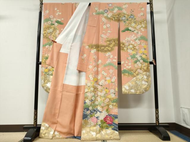 平和屋着物●豪華振袖　作家物　流水牡丹花文　暈し染め　金彩　正絹　逸品　CABE2852yc