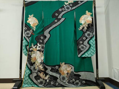 平和屋着物●ブライダルファッションデザイナー・桂由美　振袖　十二単風　檜扇御所車舞桜文　金彩　正絹　逸品　CABE2873yc