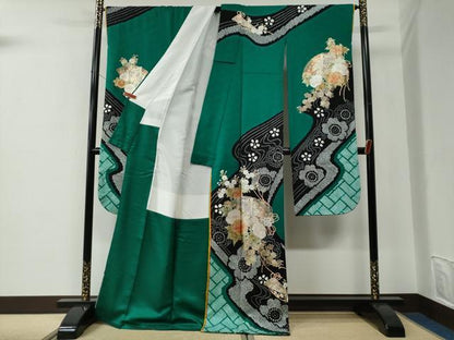 平和屋着物●ブライダルファッションデザイナー・桂由美　振袖　十二単風　檜扇御所車舞桜文　金彩　正絹　逸品　CABE2873yc