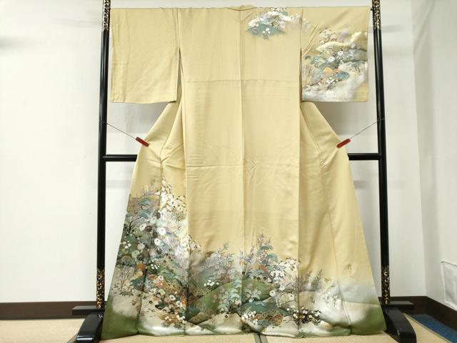 平和屋着物●螺鈿作家　藤本隆士　訪問着　孔雀草花文　暈し染め　金銀彩　ロング丈　正絹　逸品　CABE2878yc