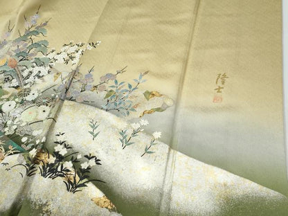 平和屋着物●螺鈿作家　藤本隆士　訪問着　孔雀草花文　暈し染め　金銀彩　ロング丈　正絹　逸品　CABE2878yc