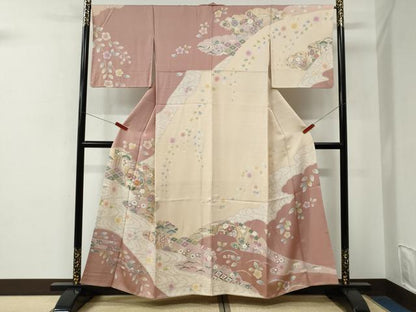 平和屋着物●訪問着　駒刺繍　吉祥草花文　金彩　正絹　逸品　CABE2886yc