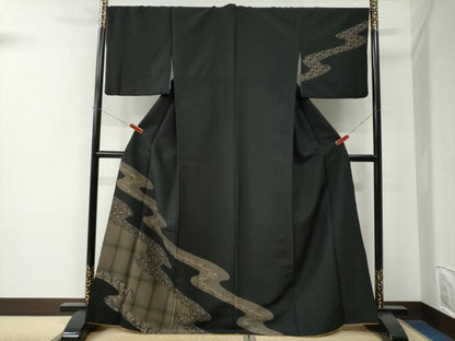 平和屋着物●訪問着　吉祥花唐草文　黒地　洗える着物　CABE2892yc