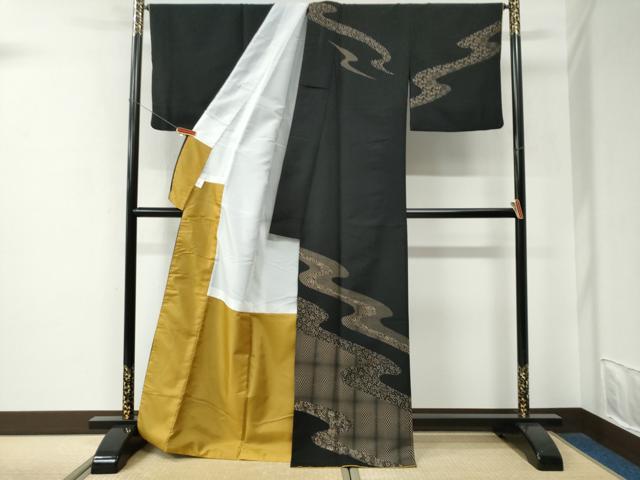 平和屋着物●訪問着　吉祥花唐草文　黒地　洗える着物　CABE2892yc