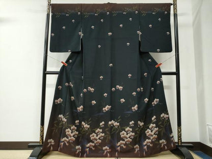 平和屋着物●訪問着　舞花文　暈し染め　黒地　洗える着物　CABE2898yc