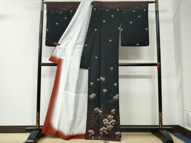 平和屋着物●訪問着　舞花文　暈し染め　黒地　洗える着物　CABE2898yc