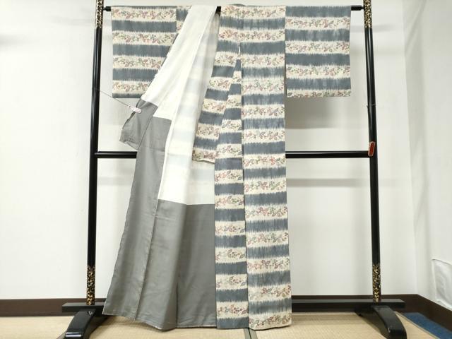 平和屋着物●上質な小紋　紬地　絞り　型染め　変わり市松花唐草文　正絹　逸品　CABE2909yc