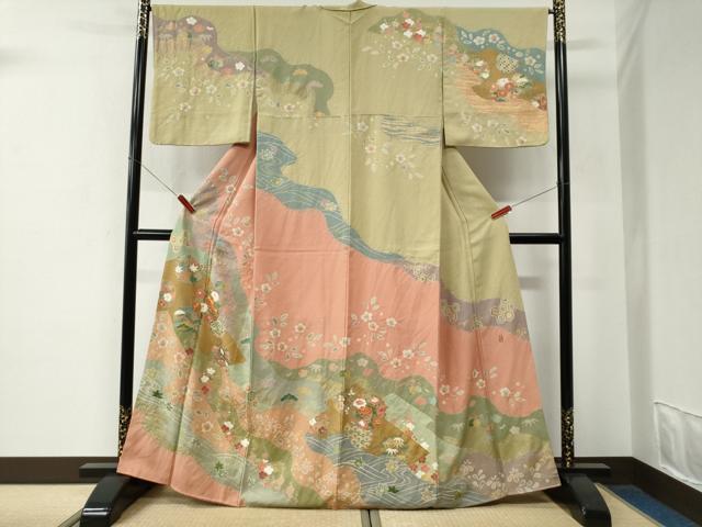 平和屋着物●訪問着　作家物　駒刺繍　竜田川雪輪吉祥花唐草文　金彩　正絹　逸品　CABE2937yc