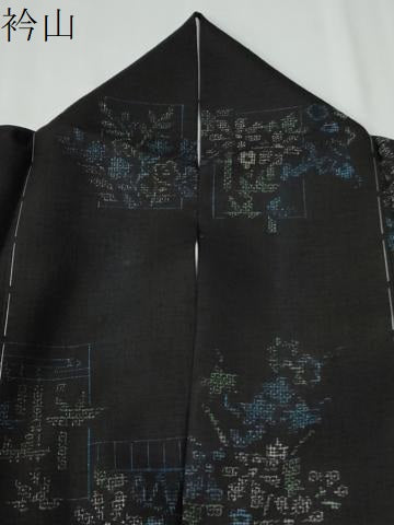平和屋着物●本場結城紬　重要無形文化財　100亀甲　飛び亀甲柄　色紙笹竹花文　黒地　高島屋扱い　正絹　逸品　CABE2940yc